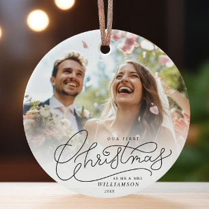 First Christmas Mr and Mrs Newlyweds Wedding Photo Ceramic Ornament
