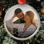 First Christmas Mr and Mrs Newlyweds Wedding Photo Metal Ornament<br><div class="desc">Deck the halls with 'First Christmas Mr. & Mrs.' photo ornament. Celebrate newlywed bliss with your custom touch on this elegant modern hand lettered script design! 🎄✨💍 #NewlywedJoy #PersonalizedMemories</div>