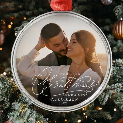First Christmas Mr and Mrs Newlyweds Wedding Photo Metal Ornament