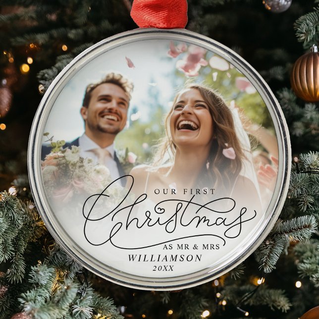 First Christmas Mr and Mrs Newlyweds Wedding Photo Metal Ornament (Deck the halls with First Christmas Mr. & Mrs. wedding photo ornament.)