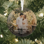 First Christmas Mr and Mrs Photo Glass Ornament<br><div class="desc">Our First Christmas, your names and your favorite photo on a square glass ornament. Create Christmas tree ornaments for yourself or give as a gift to family, friends, parents and grandparents! **TIP: We suggest you crop your photo to a square before uploading to ensure you're centered on the ornament (leave...</div>