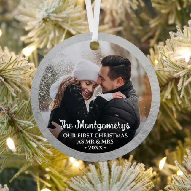First Christmas Mr and Mrs Photo Metal Ornament (Insitu)