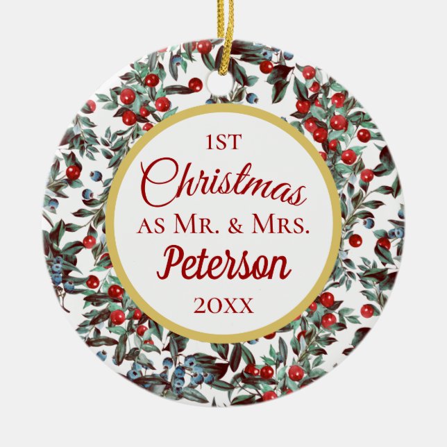First Christmas Mr and Mrs Red Blue Berries Cerami Ceramic Ornament (Front)