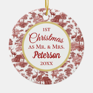 First Christmas Mr and Mrs Red Toile Deer Ceramic  Ceramic Ornament