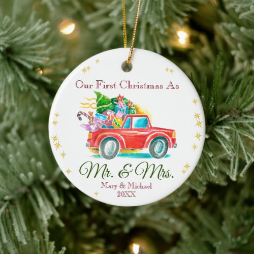 First Christmas Mr And Mrs Red Truck Name Script Ceramic Ornament