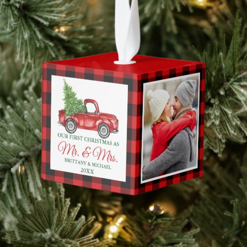 First Christmas Mr and Mrs Red Truck Plaid Cube Ornament