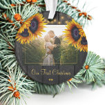 First Christmas Mr and Mrs rustic sunflowers photo Ornament<br><div class="desc">Rustic country newlyweds wedding photo First Christmas as Mr. and Mrs. personalized tree ornament with yellow gold sunflower bouquets over a dark brown barn wood with string lights.            Easy to customize with your names,  text and photo!           It can be a pretty keepsake gift for a new couple.</div>