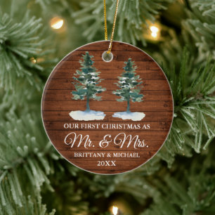 First Christmas Mr. and Mrs. Rustic Wood Two Pines Ceramic Ornament
