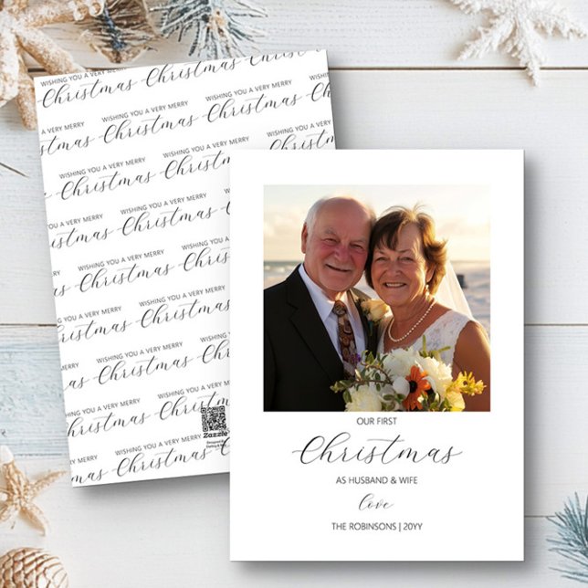First Christmas Mr and Mrs Simple Square Photo Holiday Card (Our first christmas as husband and wife Christmas Photo Card by Darling & May)