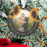 First Christmas Mr and Mrs sunflower rustic photo Ornament<br><div class="desc">Rustic country newlyweds wedding round photo First Christmas as Mr. and Mrs. personalized tree ornament with yellow gold sunflower bouquets over a dark brown barn wood with strings of twinkle lights. Easy to customize with your names, text and photo! It can be a pretty keepsake gift for a new couple....</div>