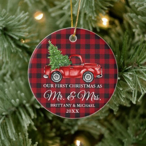 First Christmas Mr and Mrs Truck Red Plaid Ceramic Ornament