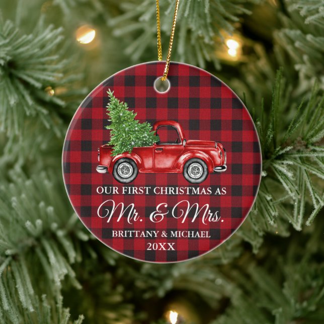 First Christmas Mr. and Mrs. Truck Red Plaid Ceramic Ornament (Tree)