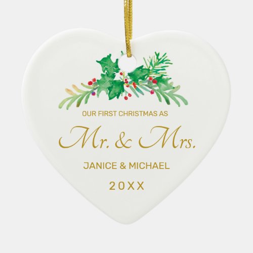 First Christmas Mr and Mrs Watercolor Holly Photo Ceramic Ornament