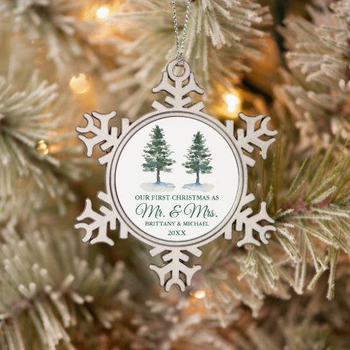 First Christmas Mr and Mrs Watercolor Two Pines Snowflake Pewter Christmas Ornament