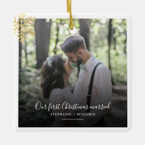 First Christmas Mr and Mrs Wedding Photo Holiday Ceramic Ornament