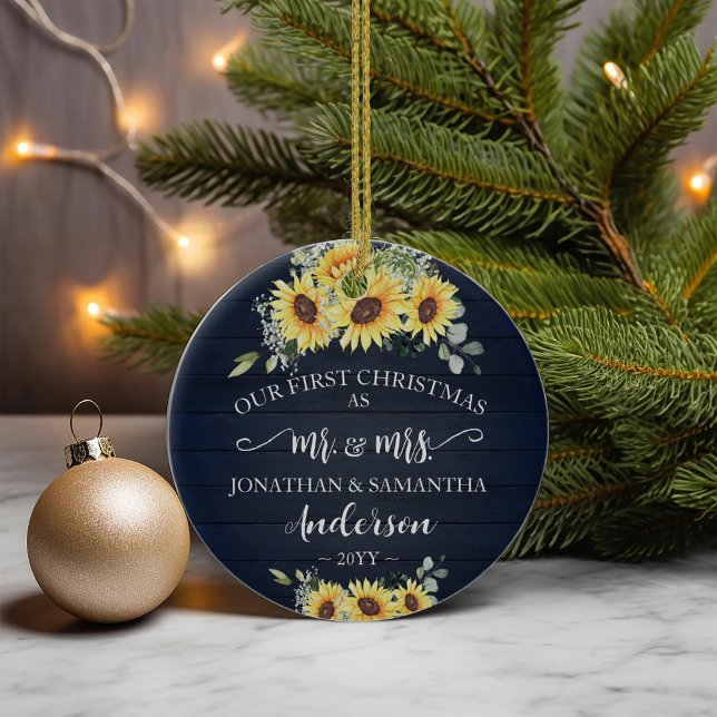 First Christmas Mr & Mrs Blue Faux Wood Sunflowers Ceramic Ornament (First Christmas Mr & Mrs Blue Faux Wood Sunflowers Ceramic Ornament)