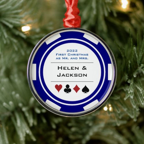 First Christmas Mr  Mrs Blue White Poker Chip Metal Ornament