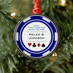 First Christmas Mr & Mrs Blue White Poker Chip Metal Ornament