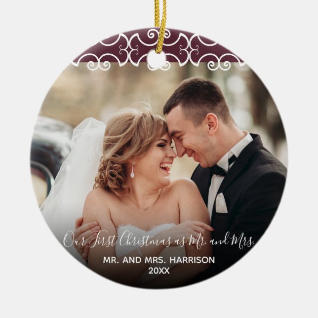 First Christmas Mr. & Mrs. Burgundy 2 Photo Ceramic Ornament (Front)