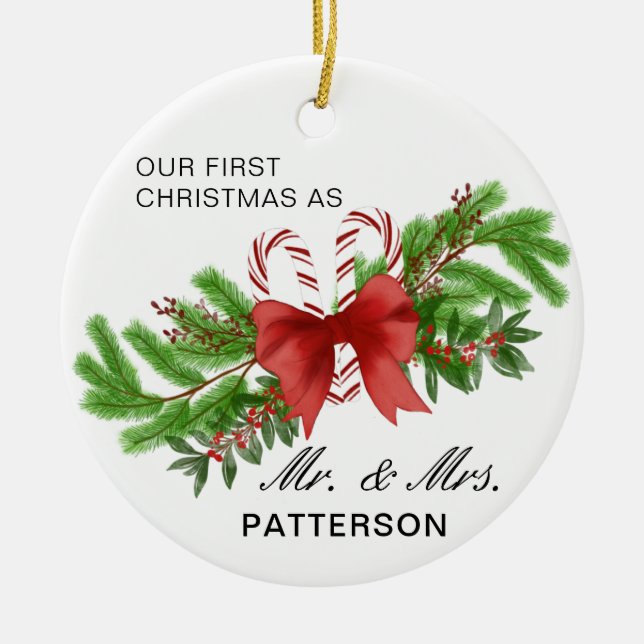 First Christmas Mr & Mrs Candy Cane Floral Photo Ceramic Ornament (Front)