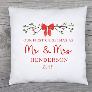 First Christmas Mr. & Mrs. Custom Newlywed Holiday Throw Pillow