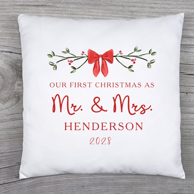 First Christmas Mr. & Mrs. Custom Newlywed Holiday Throw Pillow (Creator Uploaded)