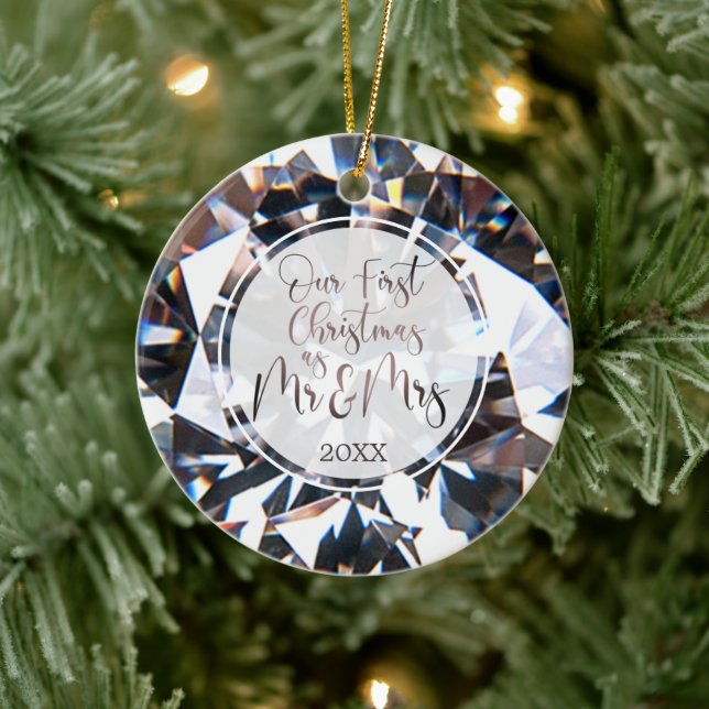 First Christmas Mr Mrs Diamond Photo Personalized Ceramic Ornament (Tree)