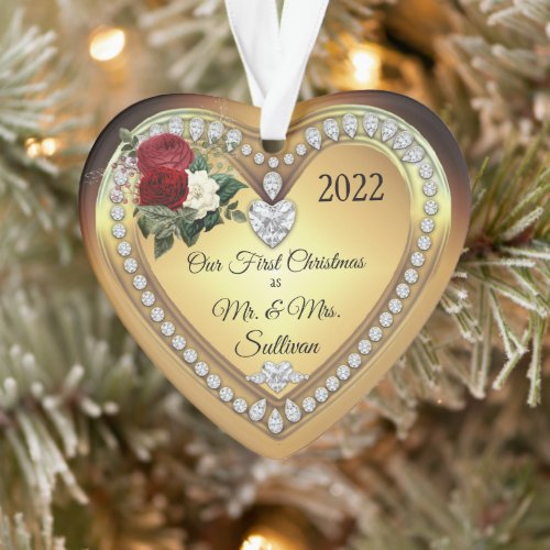 First Christmas Mr  Mrs Gold Diamonds Keepsake Ornament