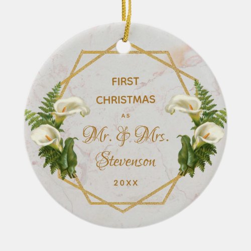 First Christmas Mr  Mrs Gold Marble Calla Lilies Ceramic Ornament