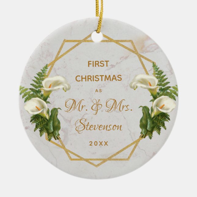 First Christmas Mr & Mrs Gold Marble Calla Lilies Ceramic Ornament (Front)