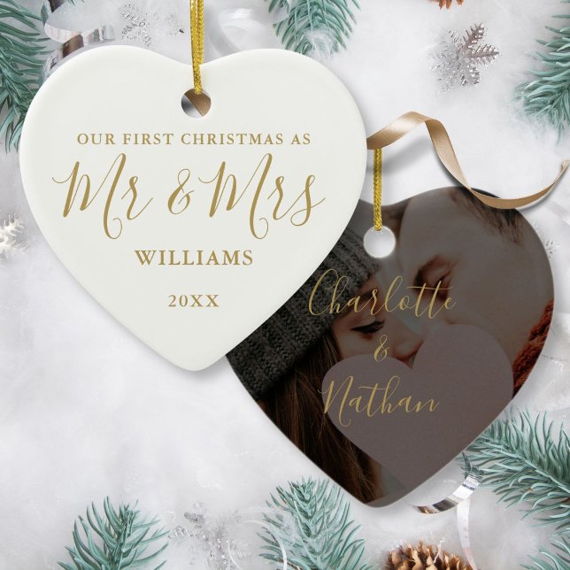 First Christmas Mr Mrs Gold Signature Script Photo Ceramic Ornament (First Christmas Mr Mrs Gold Signature Script Photo Ceramic Ornament
)