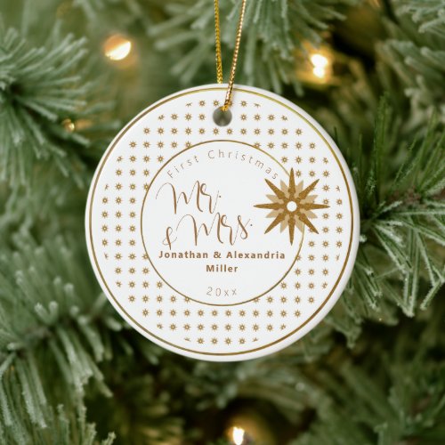 First Christmas Mr  Mrs Gold Snowflake Wedding Ceramic Ornament