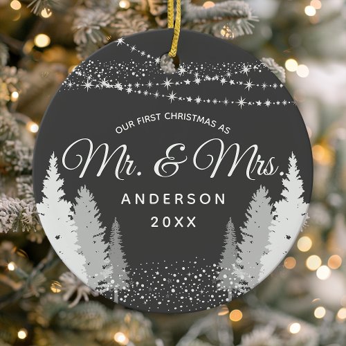 First Christmas Mr Mrs Gray Winter String Lights Ceramic Ornament