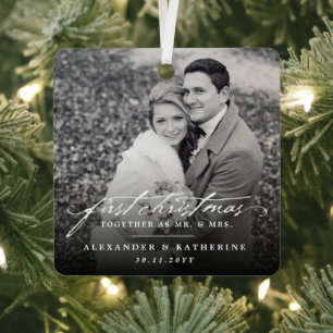 First Christmas Mr. & Mrs. Holiday Wedding Photo Metal Ornament