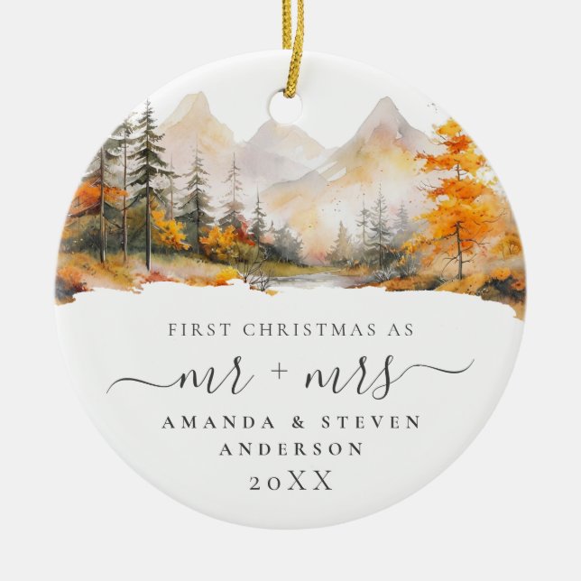 First Christmas Mr Mrs Mountain Forest Wedding Ceramic Ornament (Front)