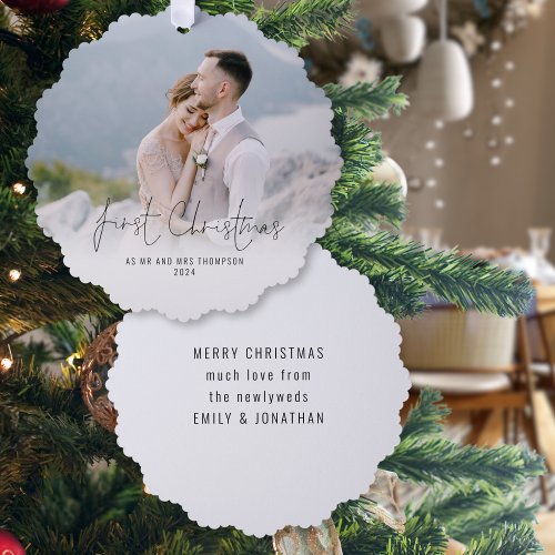 First Christmas Mr Mrs Name Year Photo Overlay Ornament Card