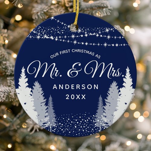 First Christmas Mr Mrs Navy Winter String Lights Ceramic Ornament