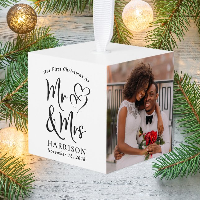 First Christmas Mr Mrs Newlyweds 3 Photo Cube Ornament (Creator Uploaded)