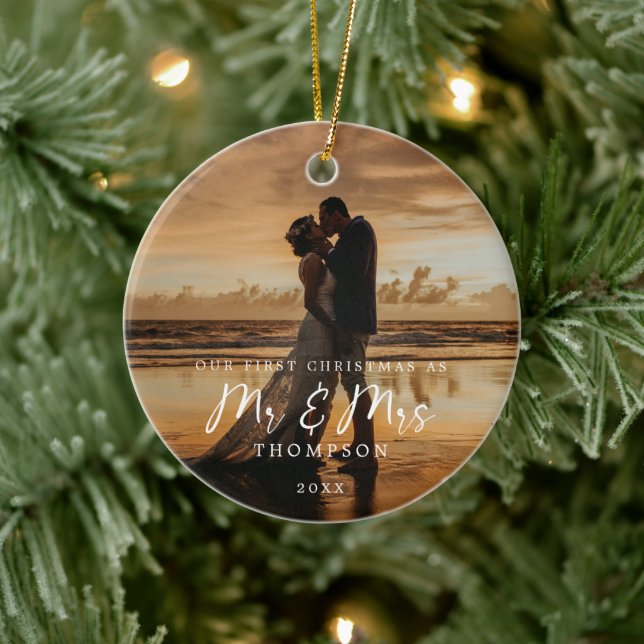 First Christmas Mr Mrs Newlyweds Photo Ceramic Ornament (Tree)