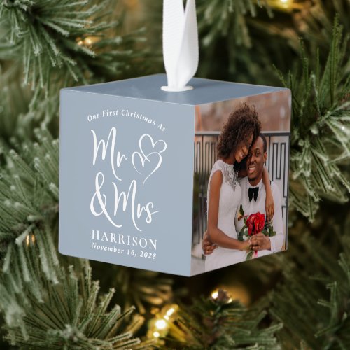 First Christmas Mr Mrs Newlyweds Photo Dusty Blue Cube Ornament