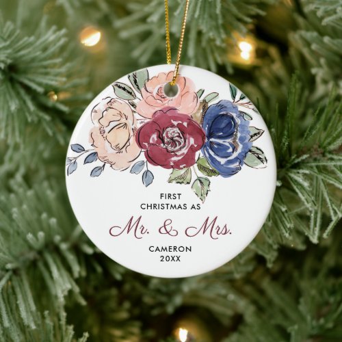 First Christmas Mr  Mrs Personalized Boho Florals Ceramic Ornament