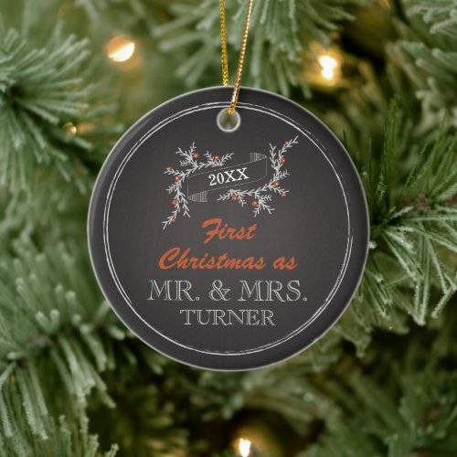 First Christmas Mr  Mrs Personalized Chalkboard Ceramic Ornament