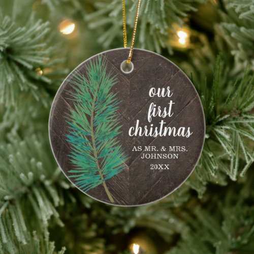 First Christmas Mr  Mrs Personalized Pine Branch Ceramic Ornament