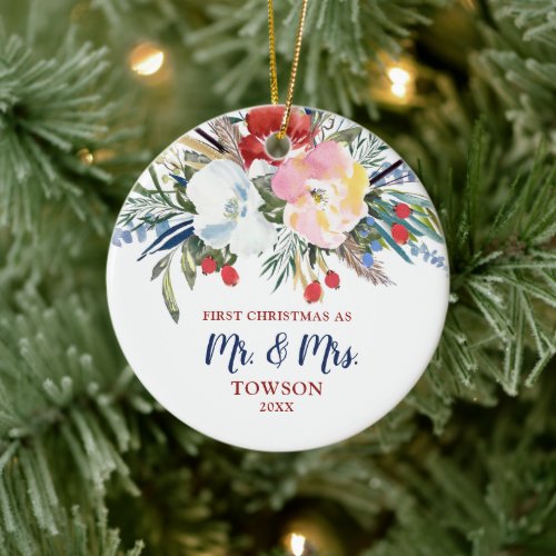First Christmas Mr Mrs Personalized Rustic Florals Ceramic Ornament