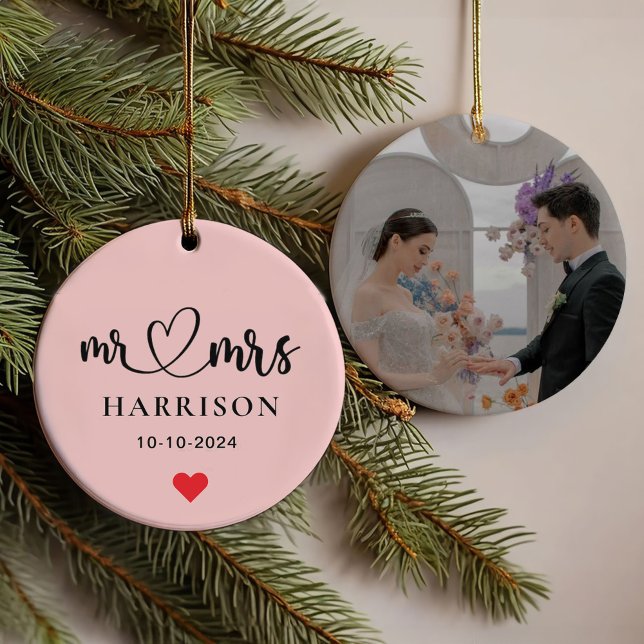 First Christmas Mr. & Mrs. Photo Brush Script Ornament (Creator Uploaded)