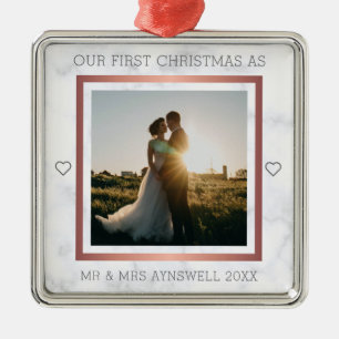 First Christmas Mr & Mrs Photo Elegant Marble Metal Ornament
