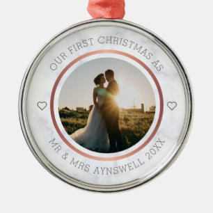 First Christmas Mr & Mrs Photo Elegant Marble Metal Ornament