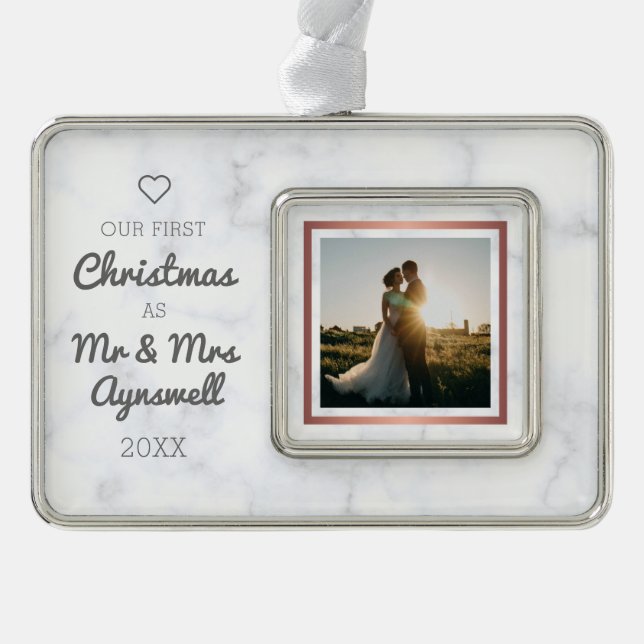 First Christmas Mr & Mrs Photo Elegant Marble Ornament (Front)