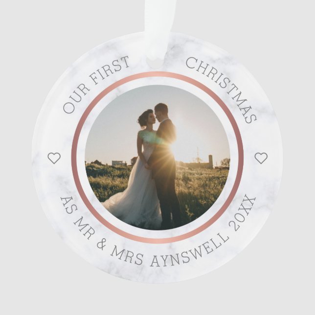 First Christmas Mr & Mrs Photo Elegant Marble Ornament (Front)
