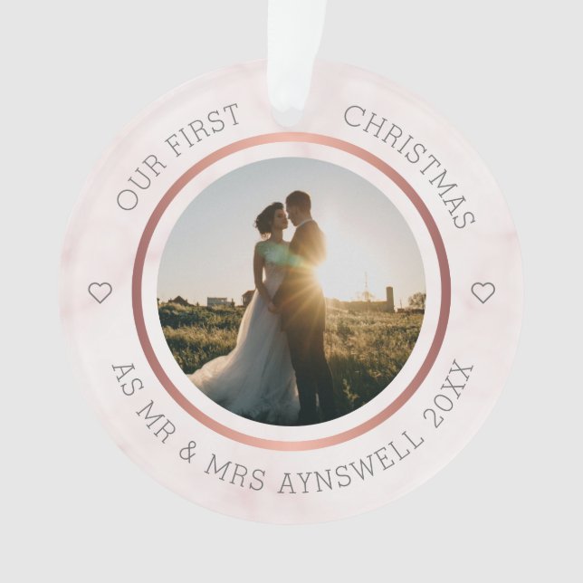 First Christmas Mr & Mrs Photo Elegant Pink Marble Ornament (Front)